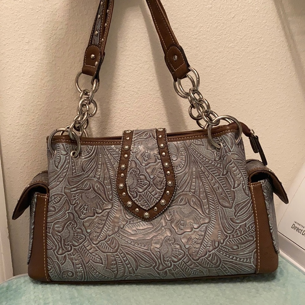 Turquoise and brown tooled shoulder bag